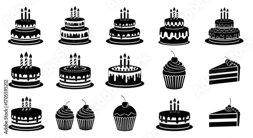 Collection of black and white cake and cupcake icons.