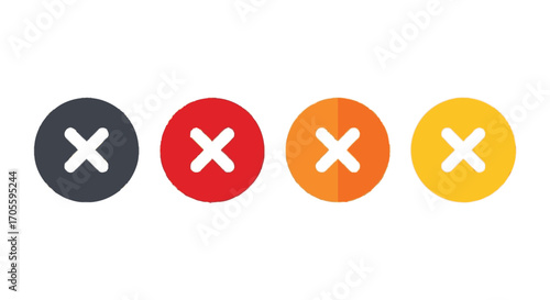 Four round buttons with white X symbols, in dark gray, red, orange, and gold.