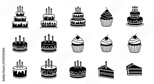 Collection of sixteen cake and cupcake icons.