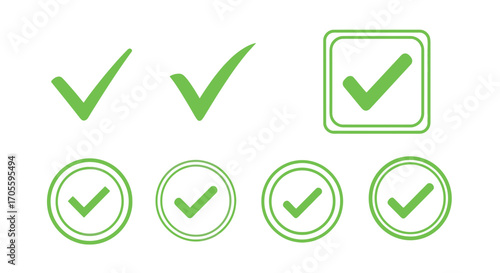 Collection of green checkmark icons in various shapes and styles.
