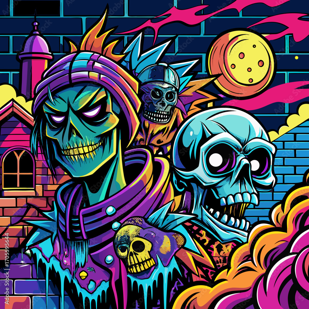 Fototapeta premium Graffiti skulls with vibrant colors and urban background