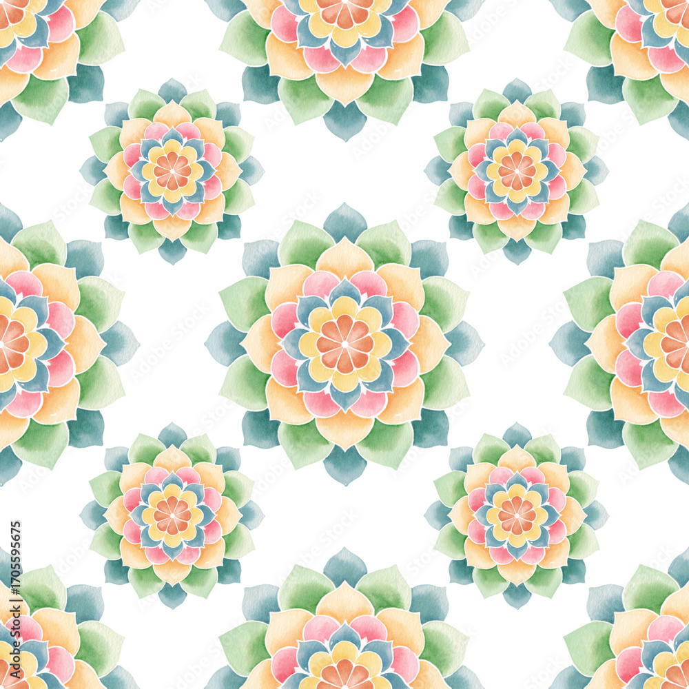 Fototapeta premium Pastel Mandala Watercolor Pattern A Serene and Colorful Floral Design for Seamless Repeat