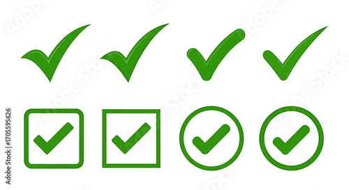 Collection of green checkmarks in various shapes and styles.