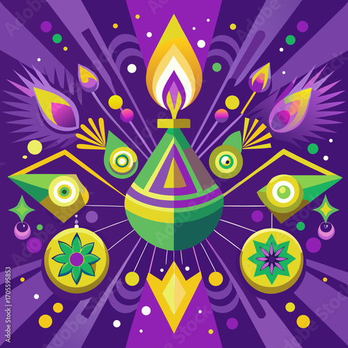 Vibrant abstract geometric design with a central flame motif