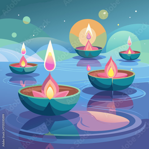 Floating diyas illuminate water with reflections and stars