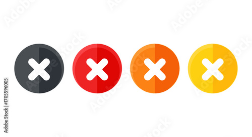 Four round buttons with white X symbols, in black, red, orange and yellow colors.