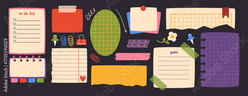 Paper notes on stickers. Vector illustration set in flat cartoon style. Hand-drawn sticky notes for reminders, to-do list, planner, school schedule, bullet journal, scrapbook.