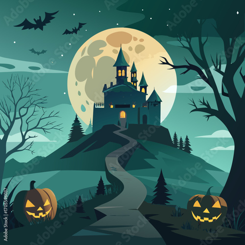 Spooky haunted castle on a hill under a full moon with jack o lanterns