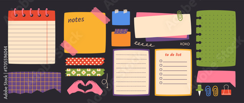 Paper notes on stickers. Vector illustration set in flat cartoon style. Hand-drawn sticky notes for reminders, to-do list, planner, school schedule, bullet journal, scrapbook.