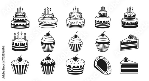 Collection of black and white cake and cupcake illustrations.