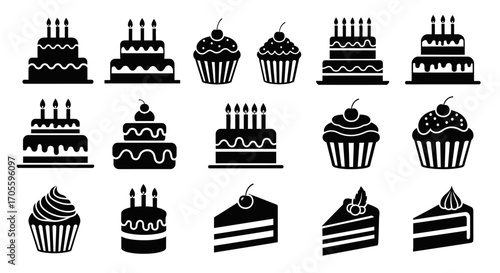 Collection of black and white cake and cupcake icons.