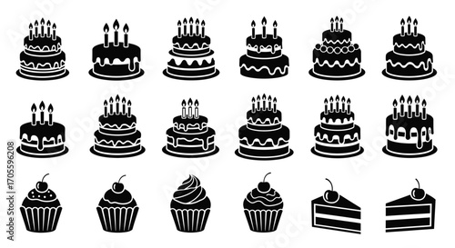 Collection of black and white cake icons and cupcakes.