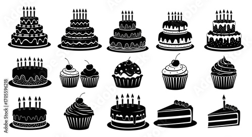 Collection of black and white cake and cupcake icons.