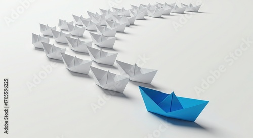 Abstract business technology leadership concept with a blue paper boat leading a line of white boats against a clean background, symbolizing innovation, progress, and future-forward lifestyle