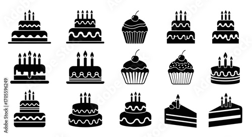 Collection of black and white cake and cupcake icons.