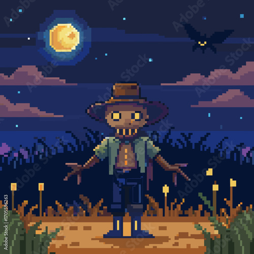 Pixel art scarecrow under a full moon at night