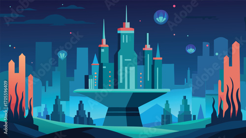 Futuristic underwater metropolis with glowing structures and alien flora vector illustration