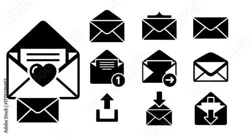 Collection of black envelope icons, various styles and states.