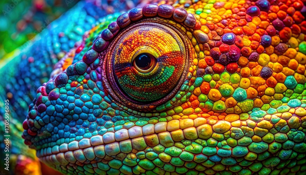 Obraz premium Extreme macro close-up of chameleon skin with multi-colored tiny scales, vibrant patterned reptile texture background, perfect for wildlife education, creative design