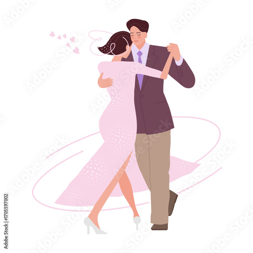 charming girl and young man dancing couple dance. romantic illustration of newlyweds wedding dance. flat drawing. eps 10.