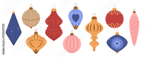 A set of hand-drawn cozy Christmas ornaments. Cute decoration for Christmas tree in a flat cartoon style. Xmas balls in red, blue, pink, and gold.