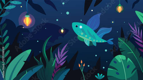 Enchanting bioluminescent jungle at night with glowing fireflies and lanterns