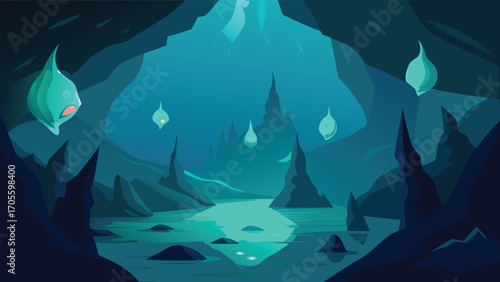 Glowing underwater cavern illustration scalable vector eps deep sea mysterious grotto