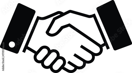 A black and white icon of two hands shaking in a firm grip, symbolizing a business deal, agreement, or partnership.