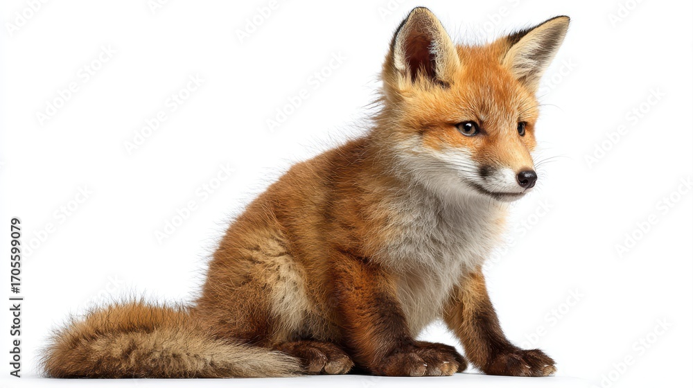 Fototapeta premium Cute Little Fox Cub Sitting Isolated Against a White Background Perfect for Social Media Campaigns, Lifestyle Branding, and RelaxationFocused Projects.