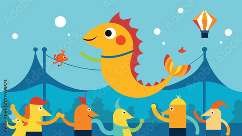 Whimsical underwater carnival celebration with cheerful fish and spectators