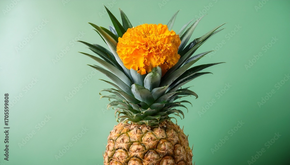 Fototapeta premium A Fresh Pineapple Its Crown Enhanced With A Small Marigold Flower Inserted Into The Leaves Symbolizing Celebration And Reverence
