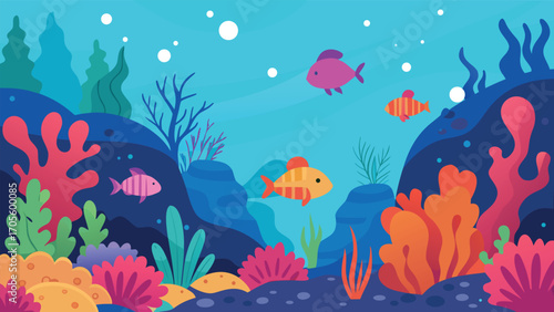 Vibrant underwater garden coral reef scene with colorful fish and marine life