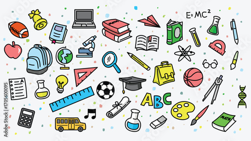 Back to school doodle art line vector isolated background pattern