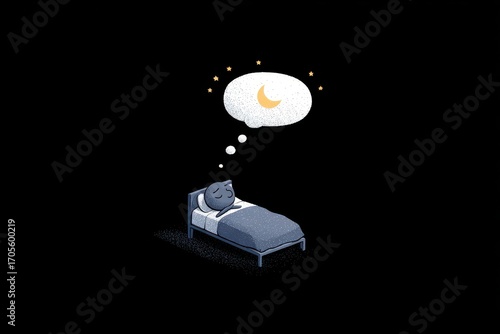Illustrated character sleeping peacefully in bed, dreaming of the crescent moon and stars against a dark night sky.
