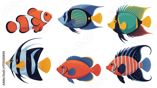Vibrant collection of six colorful tropical reef fish swimming in clear ocean water