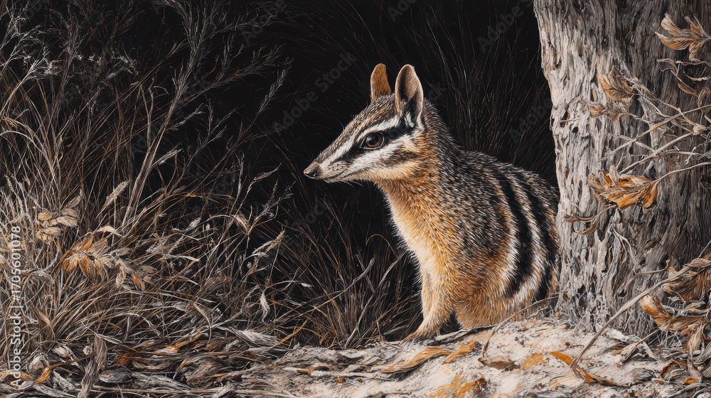 Fototapeta premium Striking Chipmunk Portrait amidst Western Australian Wilderness Perfect for Nature and Branding Campaigns, Inspiring Creativity.