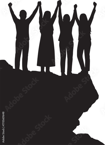 Cliff-edge unity silhouette four figures holding hands, arms raised in triumph and togetherness