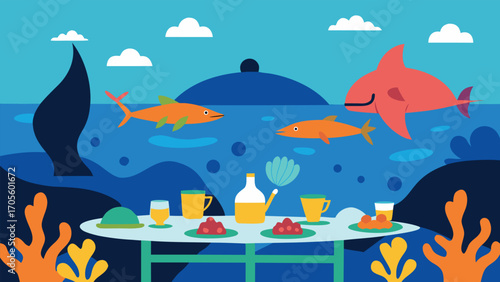 Whimsical underwater restaurant scene with fish and oceanic delights vector illustration