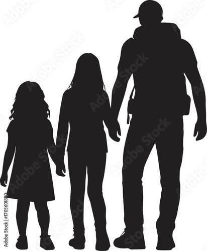 Guided Steps – Silhouette of Father and Daughters on the Trai