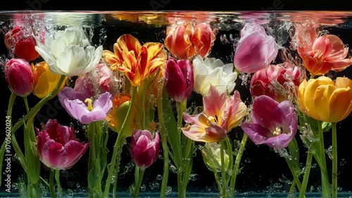 Tulips are submerged in water and come in a variety of colors