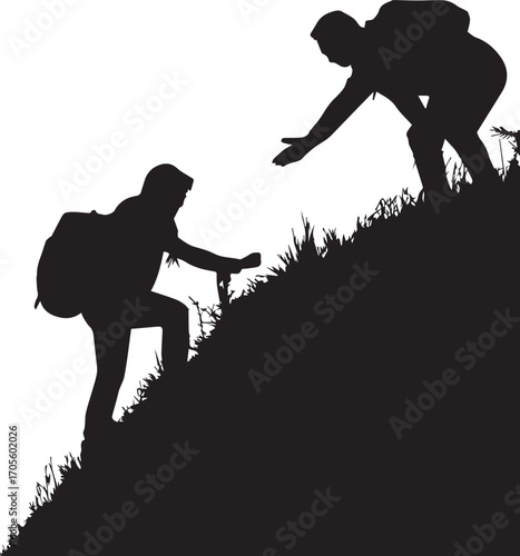 Helping hand silhouette two hikers on a slope, one reaching down to lift the other upward