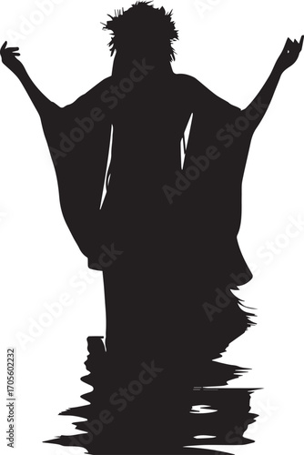 Nature ritual silhouette crowned figure in flowing robe, arms raised with reflection in water