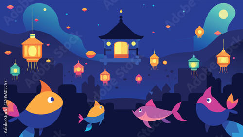 Magical underwater festival scene with glowing jellyfish and silhouettes