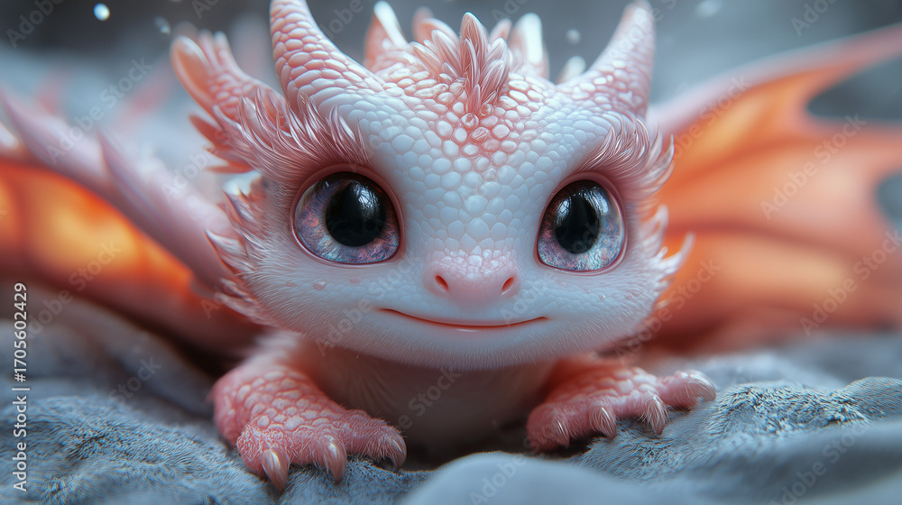 Fototapeta premium Mystic Dragon: An endearing close-up portrait of a captivating young dragon, its soft scales and vibrant wings set against a blurred, fantastical backdrop, conjuring feelings of wonder and innocence.