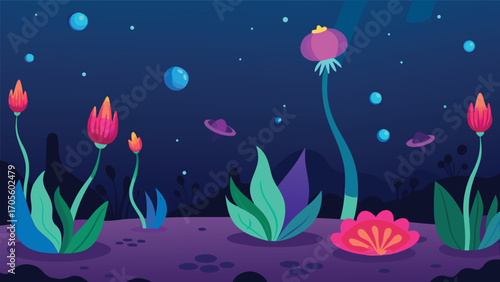 Magical underwater garden with rare glowing flora and spheres vector illustration scalable eps
