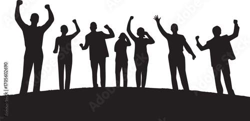 Team triumph silhouette seven figures in celebratory poses, symbolizing unity and success