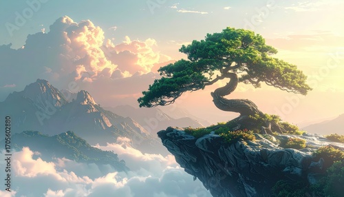 A serene bonsai tree perched atop a dramatic cliff face, overlooking a misty mountain range bathed in soft, golden light.