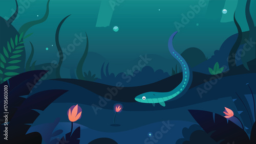 Enchanting underwater jungle scene with glowing electric eels and vibrant coral