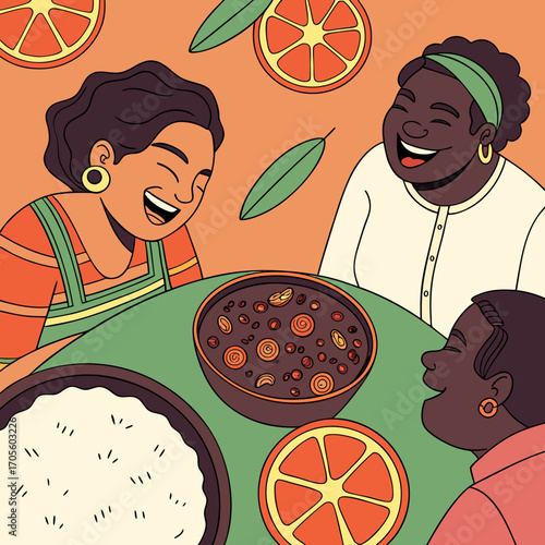 Group of plus size friends around a table of feijoada.