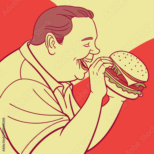 Plus size man biting into a juicy burger.